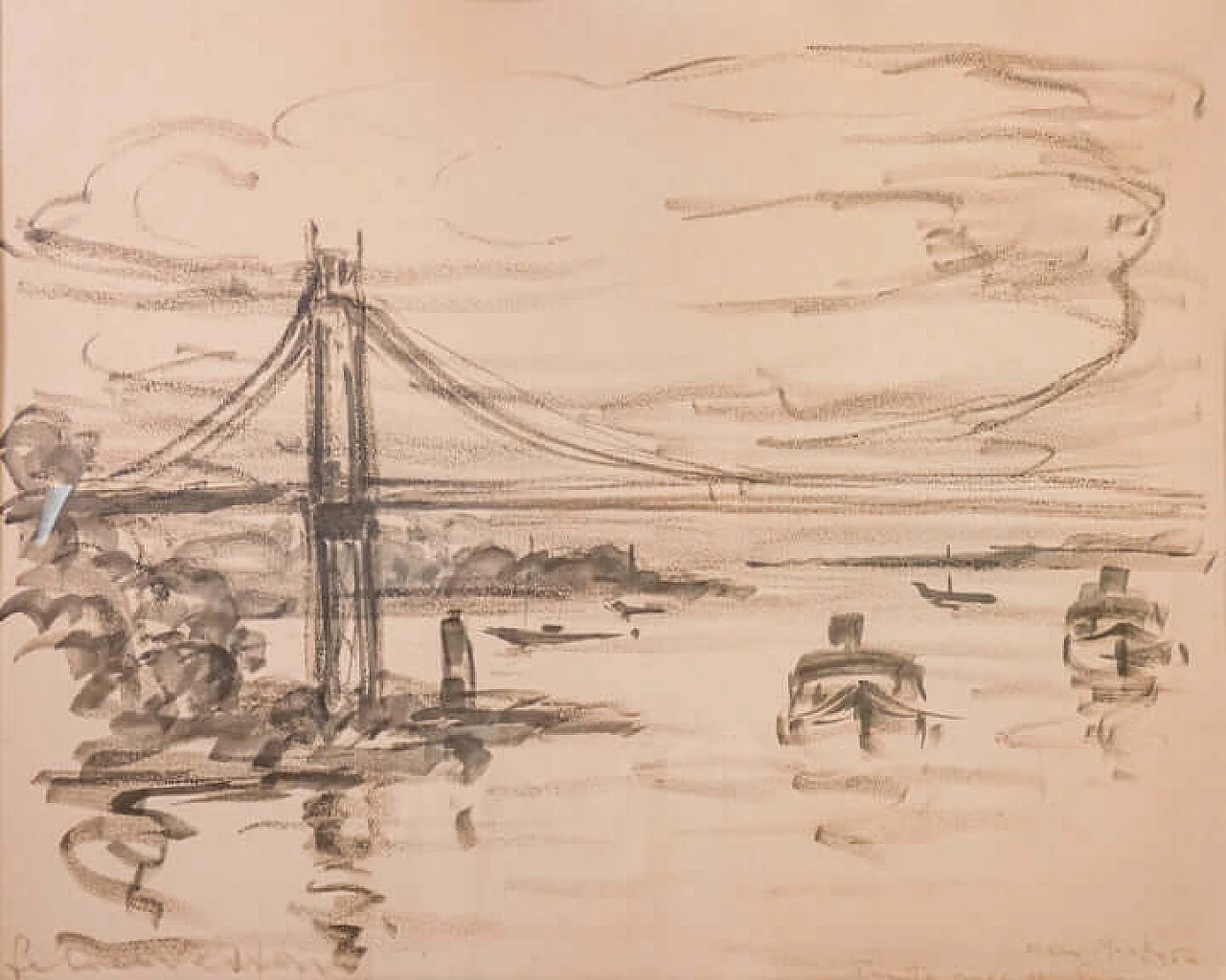 Felice Vellan, Ponte sull'Hudson, disegno a carboncino su carta, anni '60 2