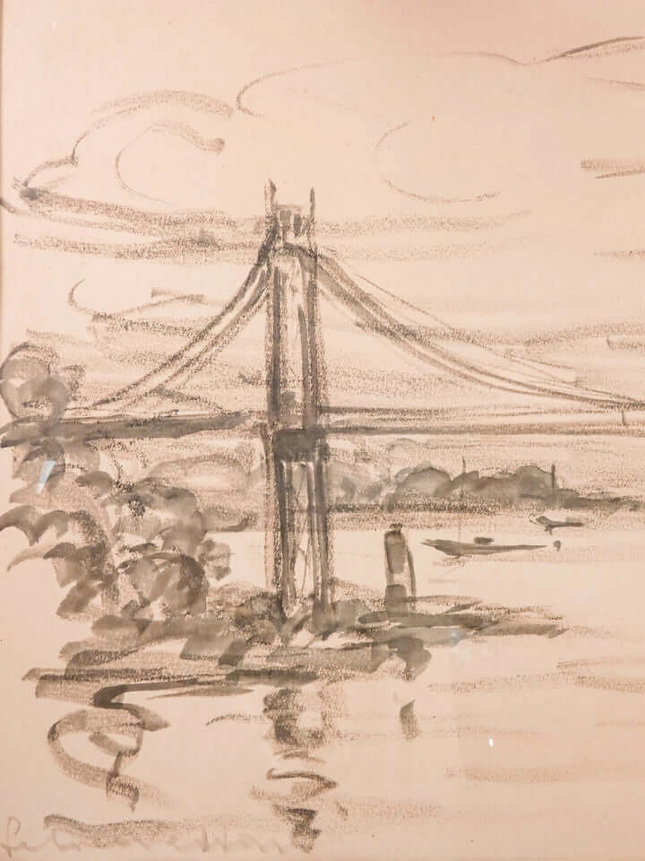 Felice Vellan, Hudson Bridge, charcoal drawing on paper, 1960s 3