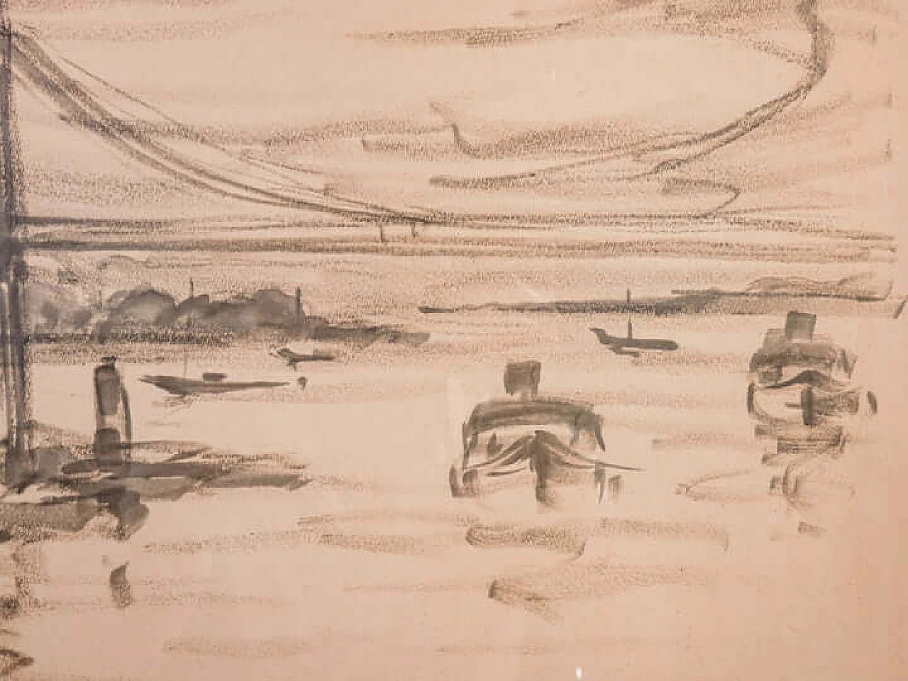 Felice Vellan, Hudson Bridge, charcoal drawing on paper, 1960s 4