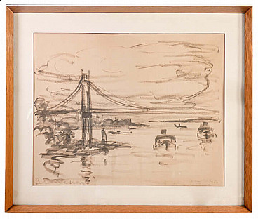 Felice Vellan, Hudson Bridge, charcoal drawing on paper, 1960s