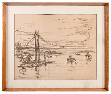 Felice Vellan, Ponte sull'Hudson, disegno a carboncino su carta, anni '60