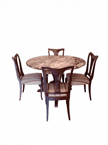4 Sedie e tavolo rotondo in mogano e marmo Calacatta viola di Fratelli Barni Mobili d’Arte Seveso, anni '50