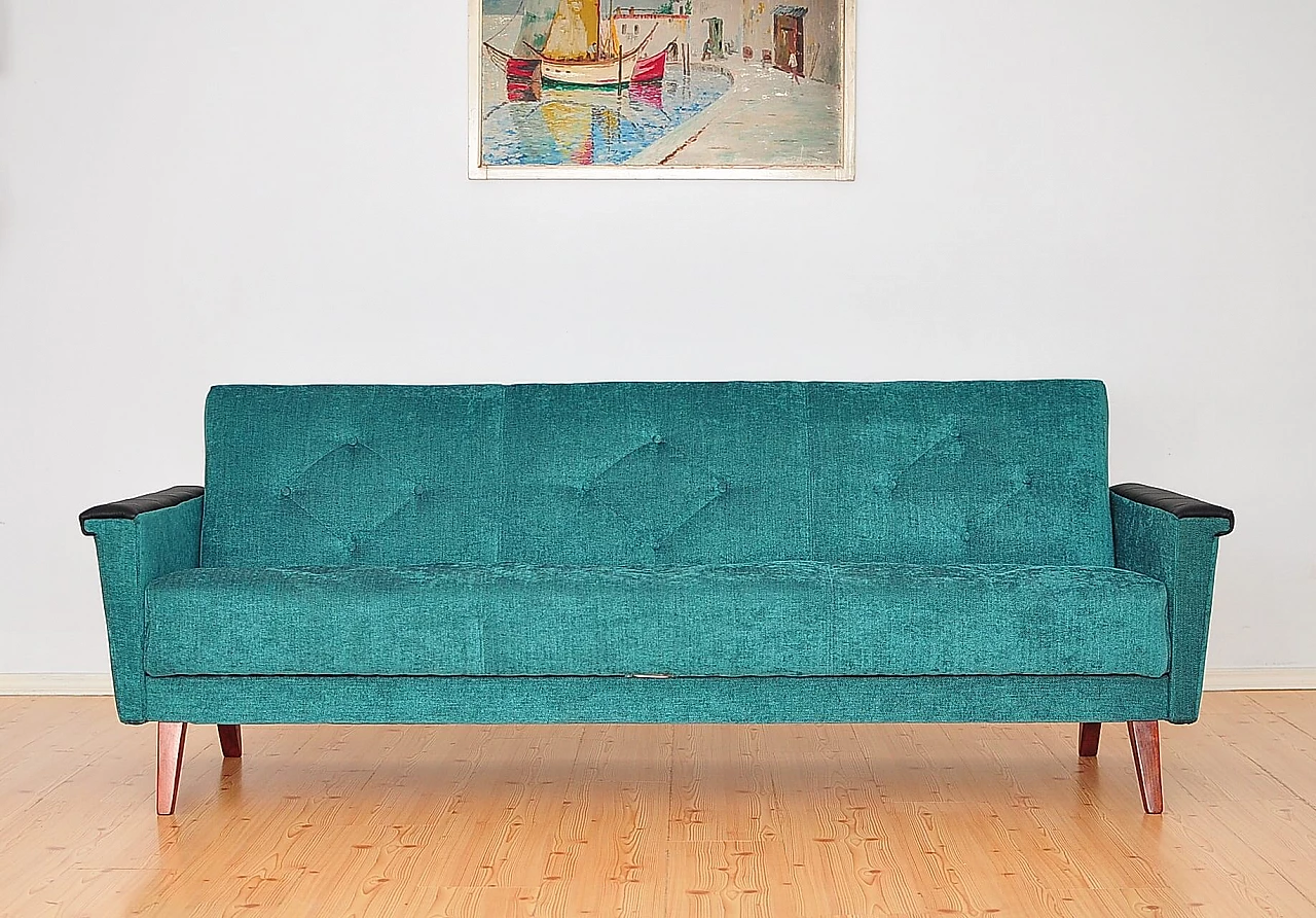Convertible sofa bed with leather armrests and beech legs, 1960s 1