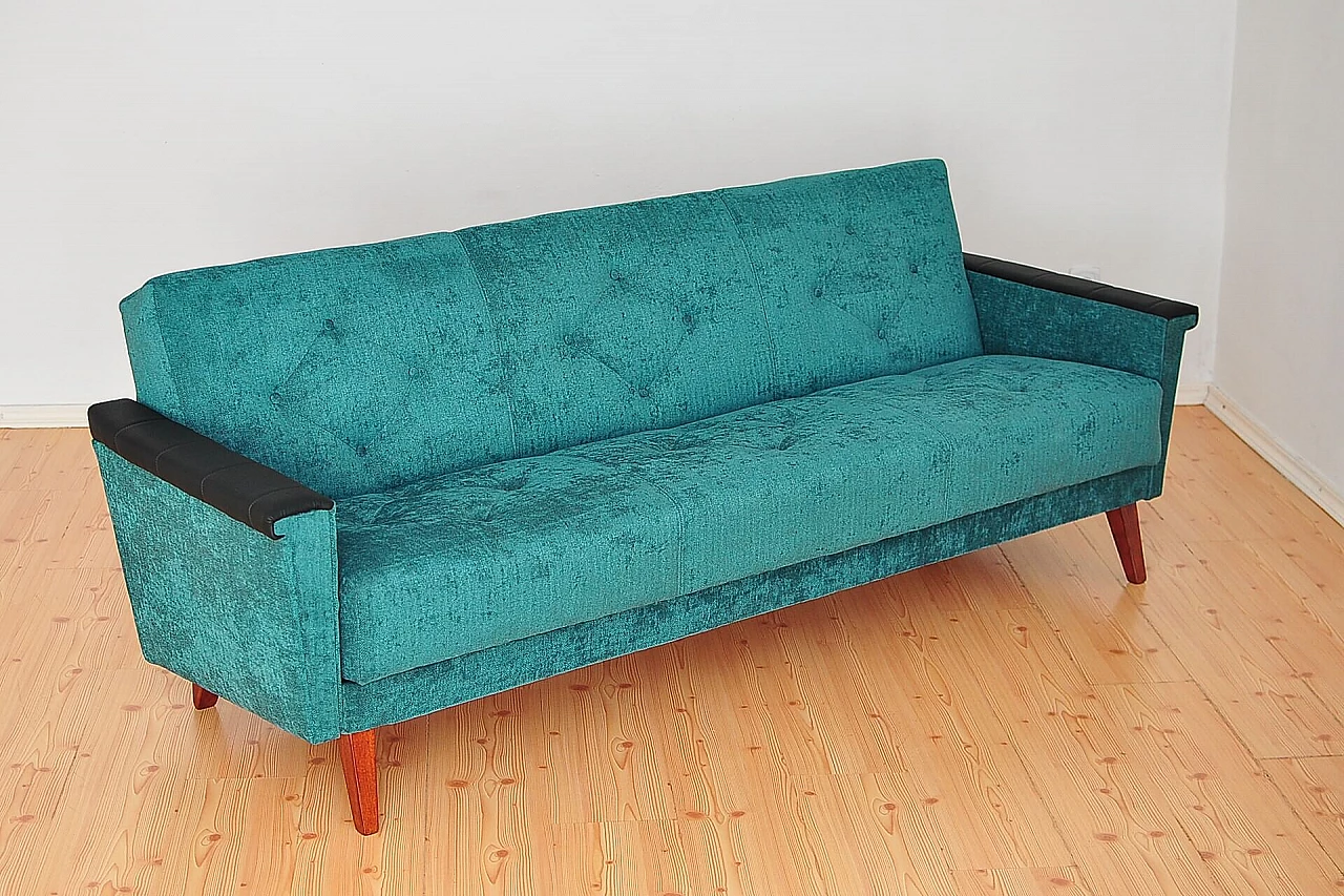 Convertible sofa bed with leather armrests and beech legs, 1960s 2
