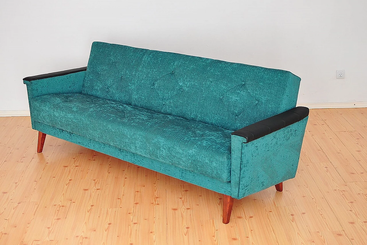 Convertible sofa bed with leather armrests and beech legs, 1960s 6