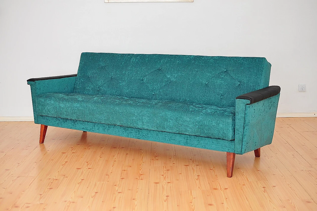 Convertible sofa bed with leather armrests and beech legs, 1960s 9