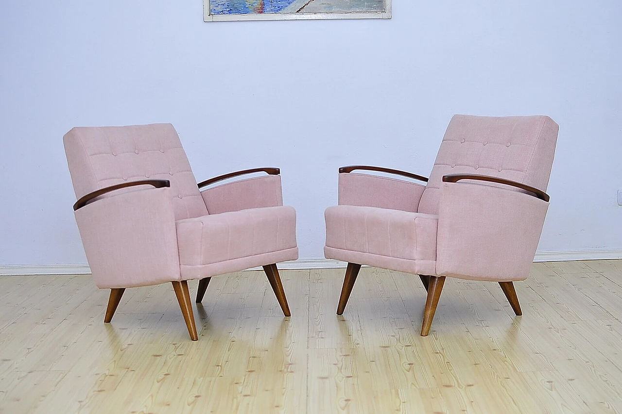 Pair of beech and pink fabric armchairs, 1960s 1