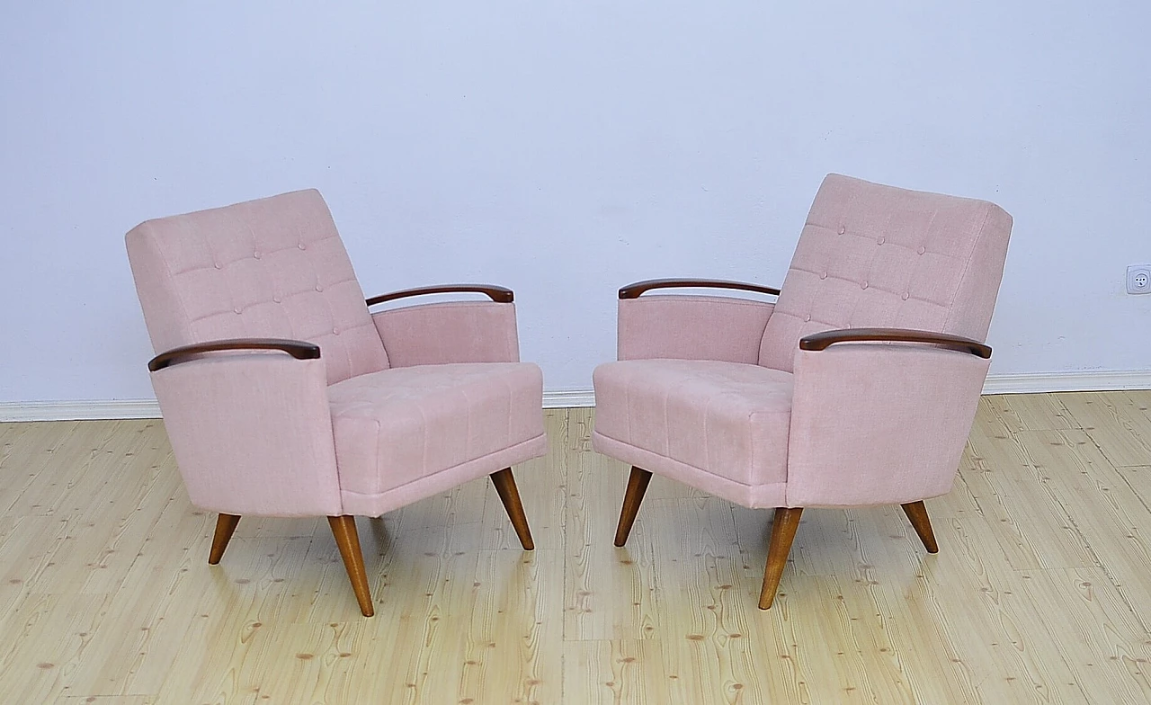 Pair of beech and pink fabric armchairs, 1960s 2