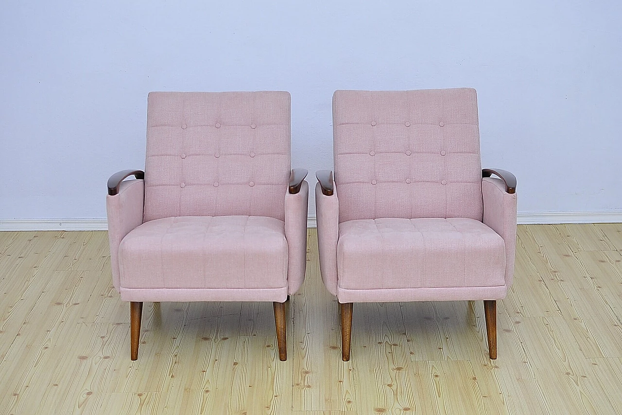 Pair of beech and pink fabric armchairs, 1960s 3