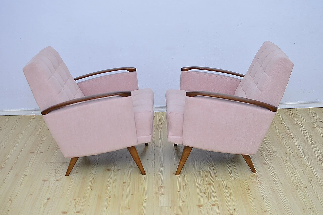 Pair of beech and pink fabric armchairs, 1960s 4