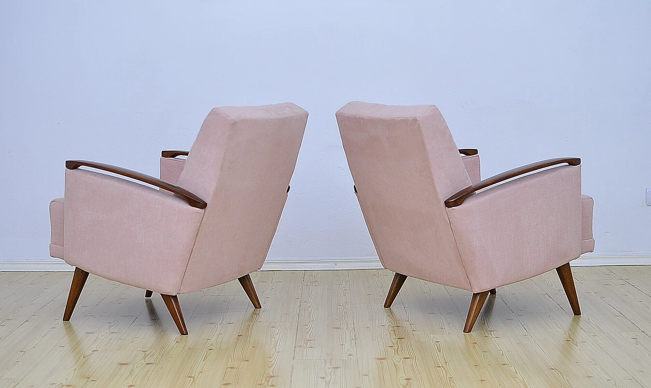 Pair of beech and pink fabric armchairs, 1960s 5