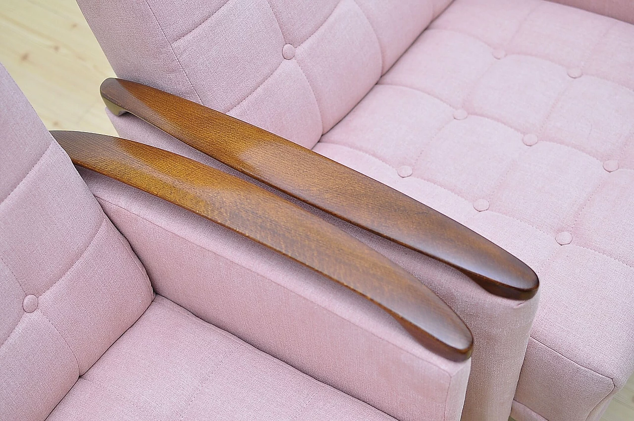 Pair of beech and pink fabric armchairs, 1960s 7
