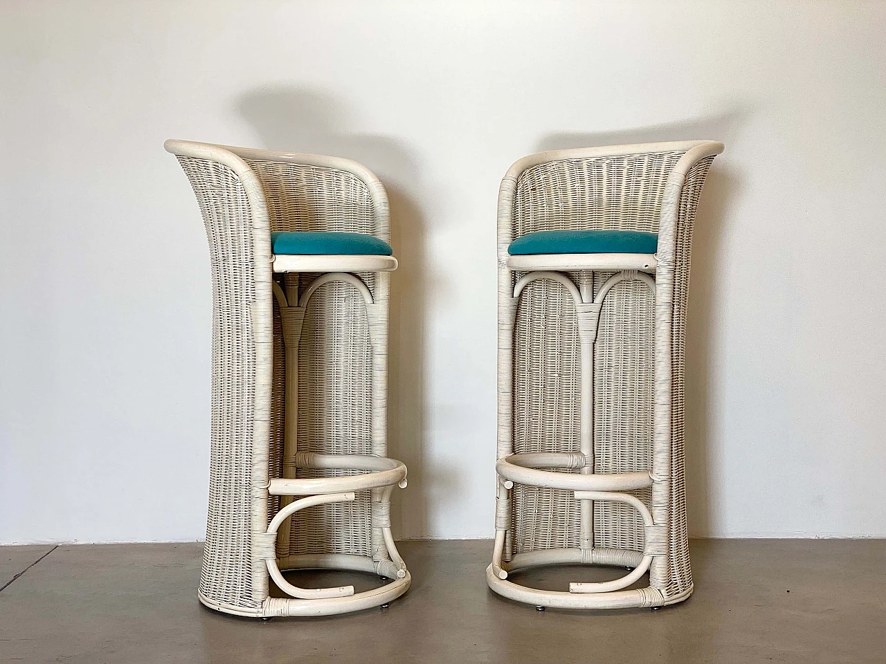 Pair of white lacquered wicker and bamboo bar stools, 1980s 6