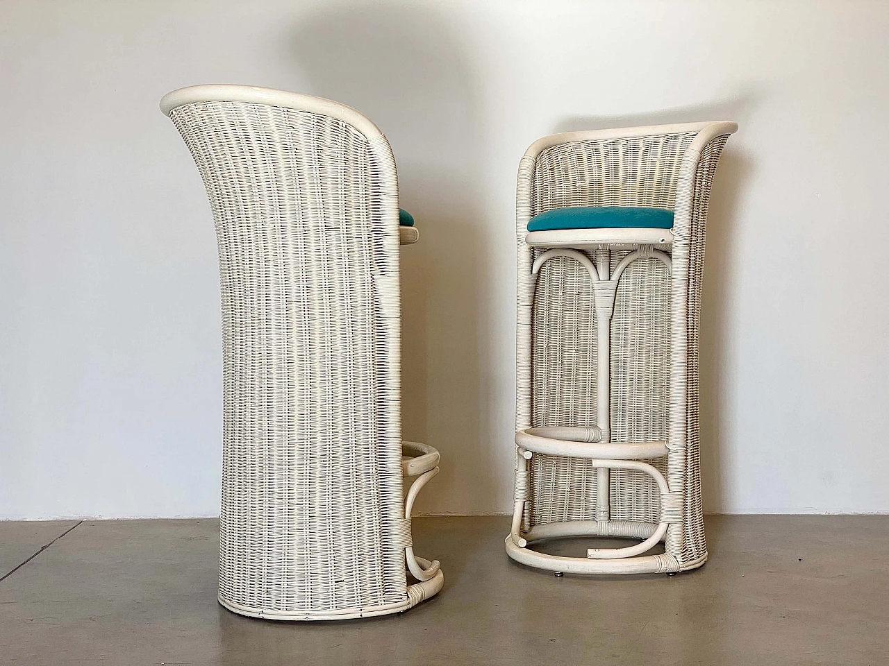 Pair of white lacquered wicker and bamboo bar stools, 1980s 7