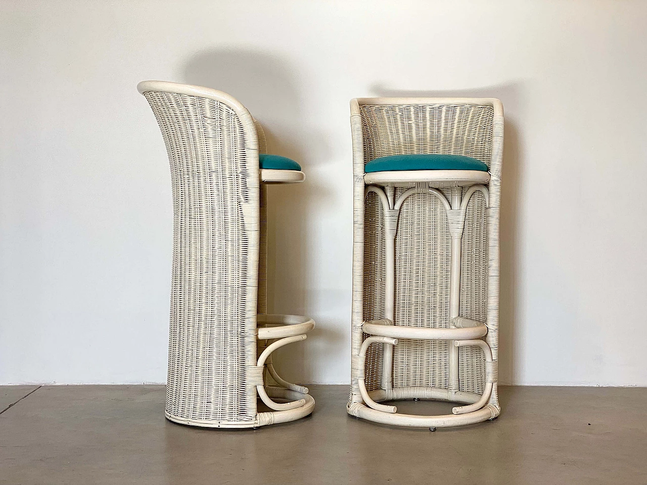 Pair of white lacquered wicker and bamboo bar stools, 1980s 9