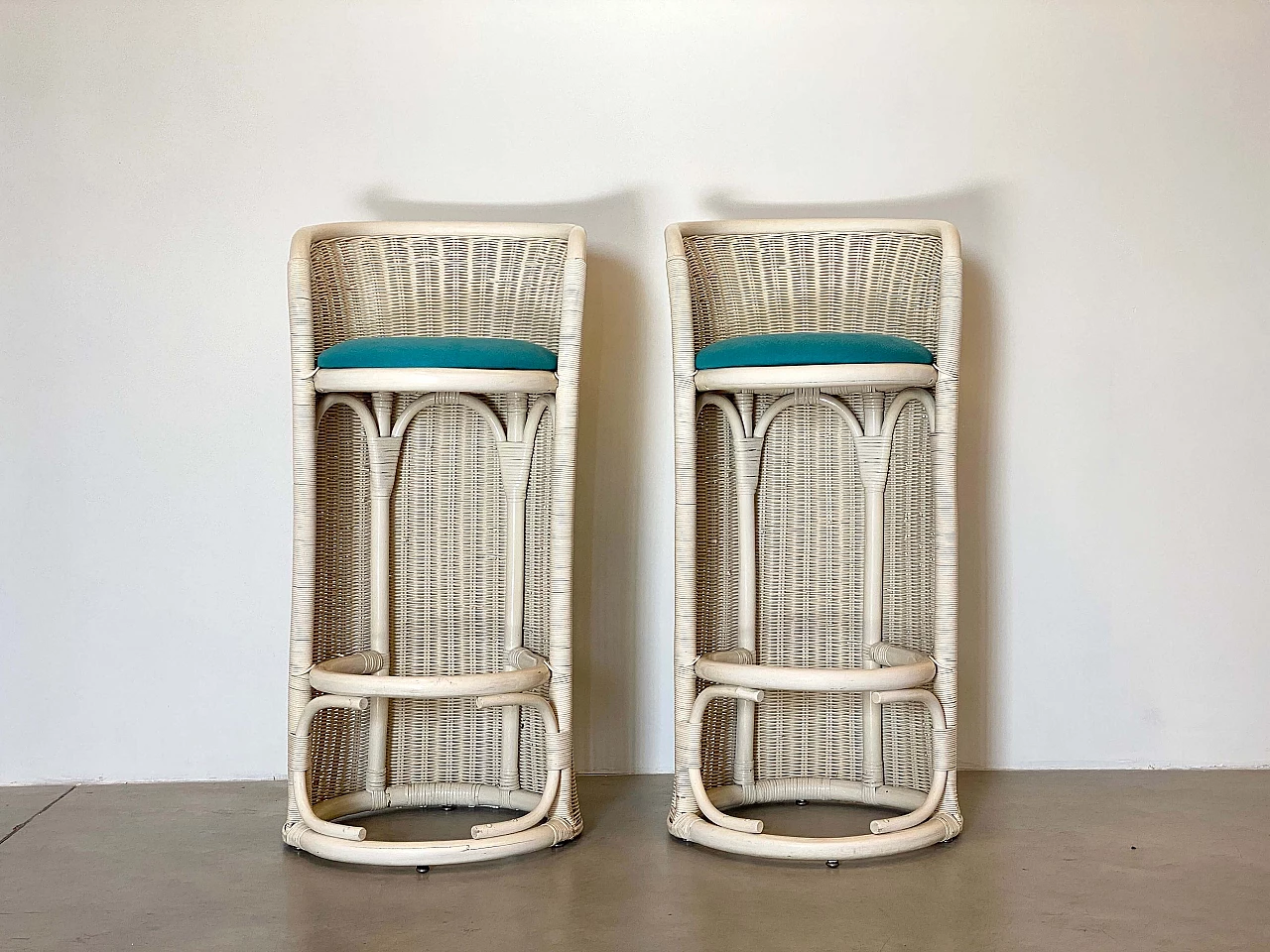 Pair of white lacquered wicker and bamboo bar stools, 1980s 13