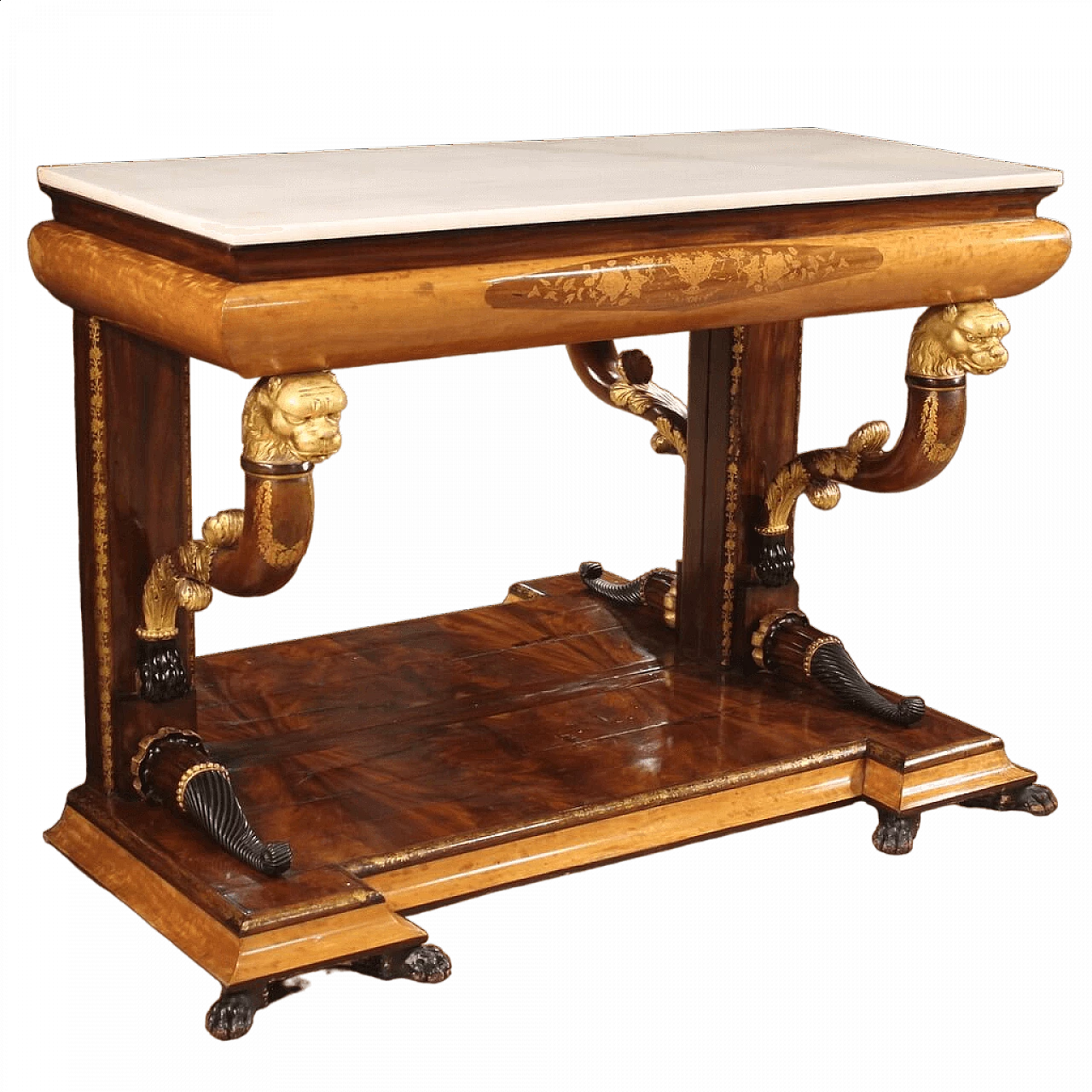 Inlaid wooden console table with marble top, 19th century 13