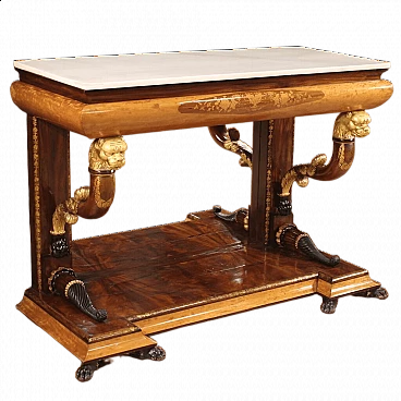 Inlaid wooden console table with marble top, 19th century