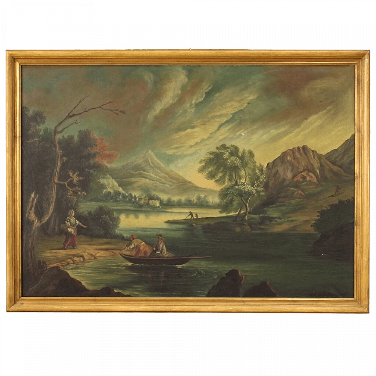 Veduta di fiume con personaggi, olio su tela, anni '60 16