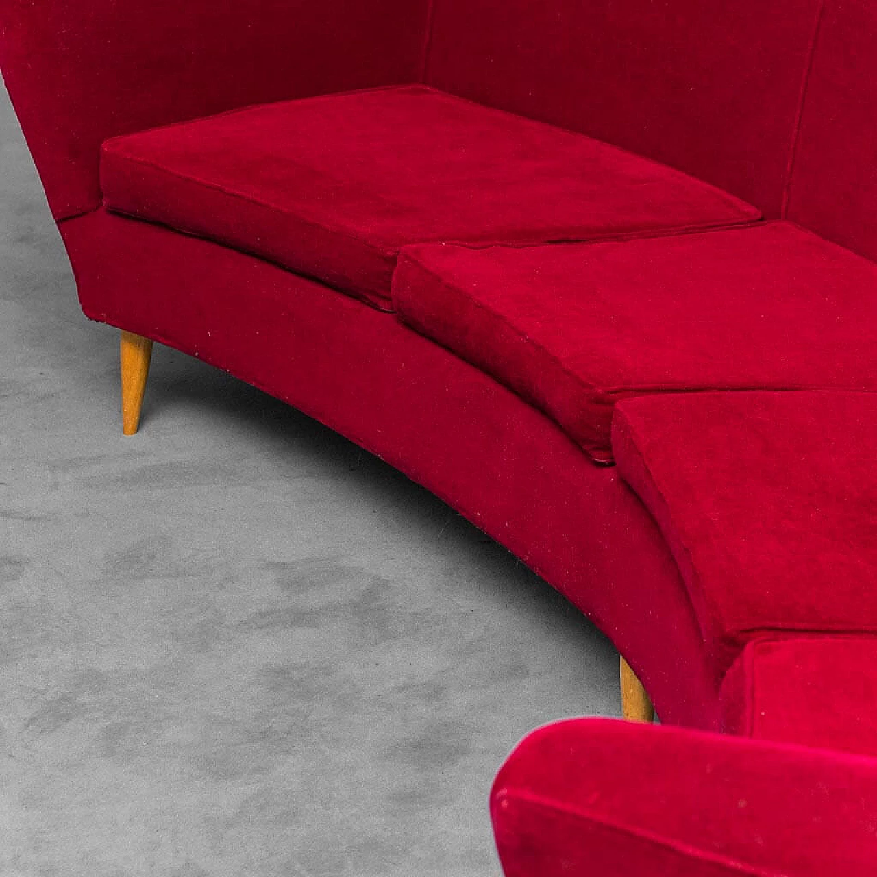 Red velvet sofa in the style of Ico Parisi, 1950s 3