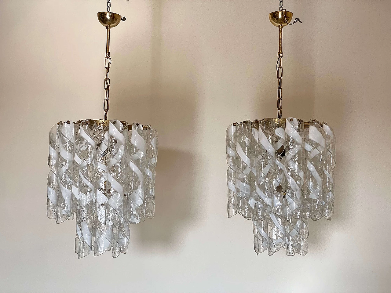 Pair of gilded metal and Murano glass chandeliers, 1980s 1