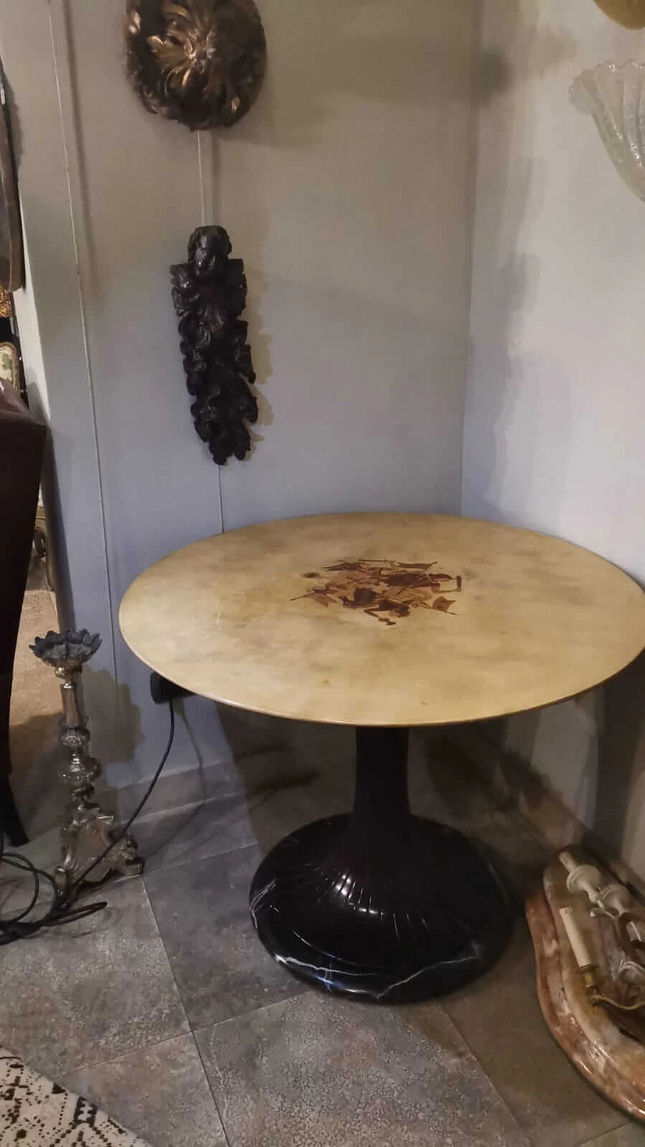 Marble and parchment table with Bergamo playing cards inlay, 1950s 7