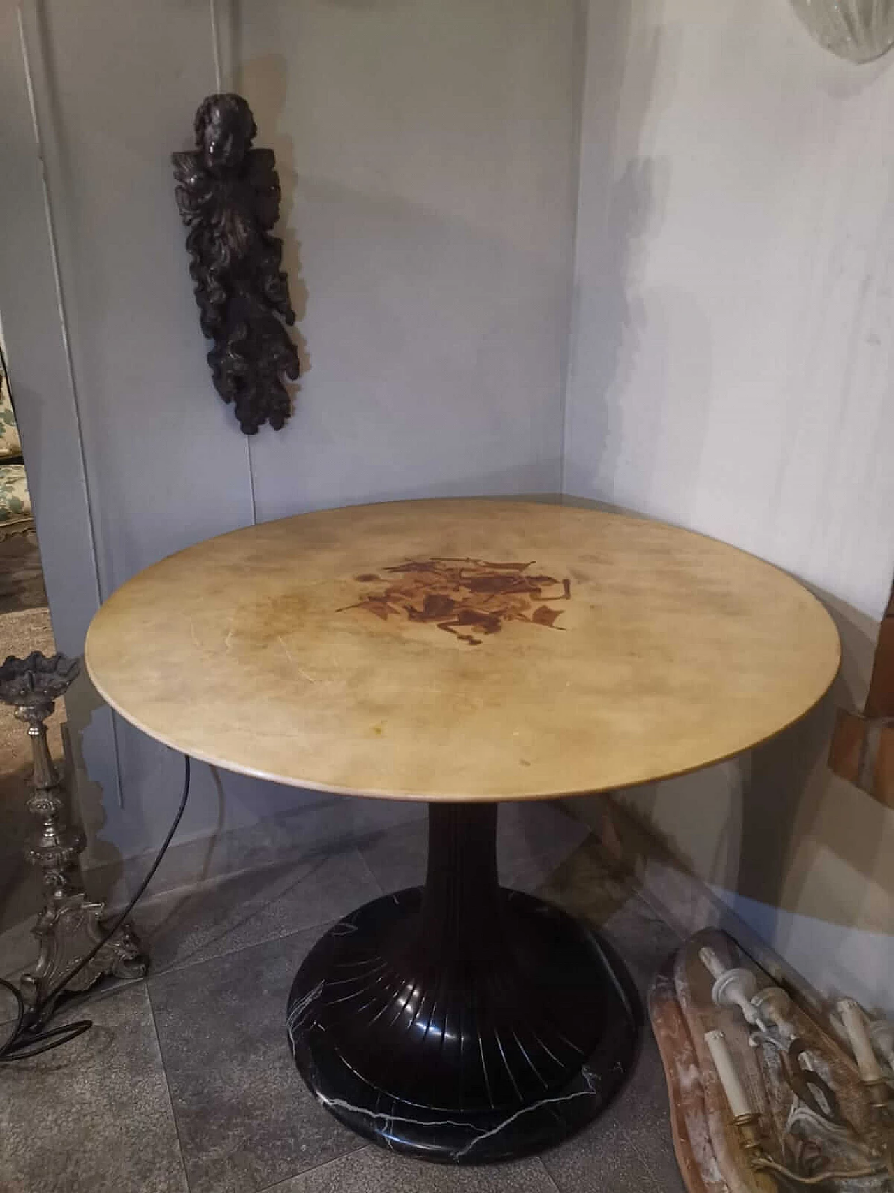 Marble and parchment table with Bergamo playing cards inlay, 1950s 9