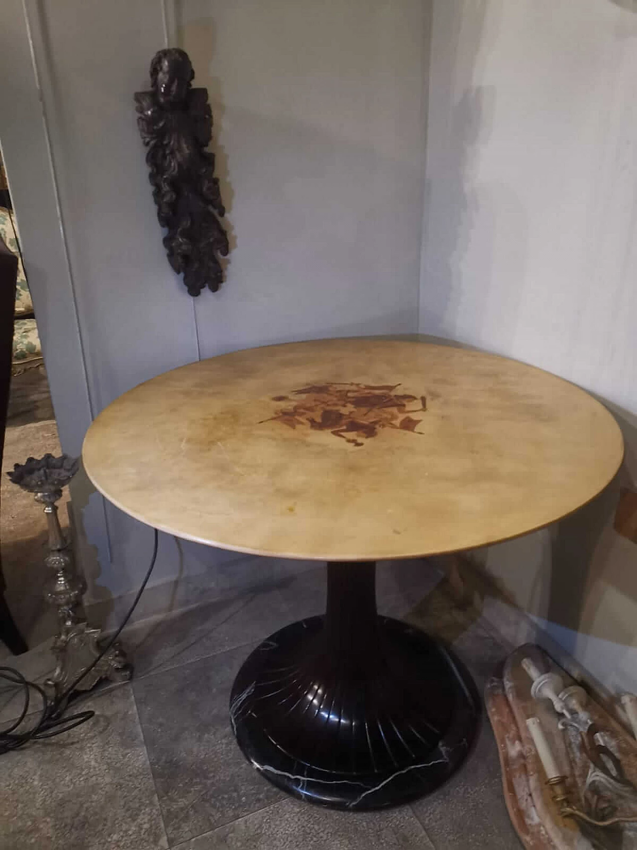 Marble and parchment table with Bergamo playing cards inlay, 1950s 11
