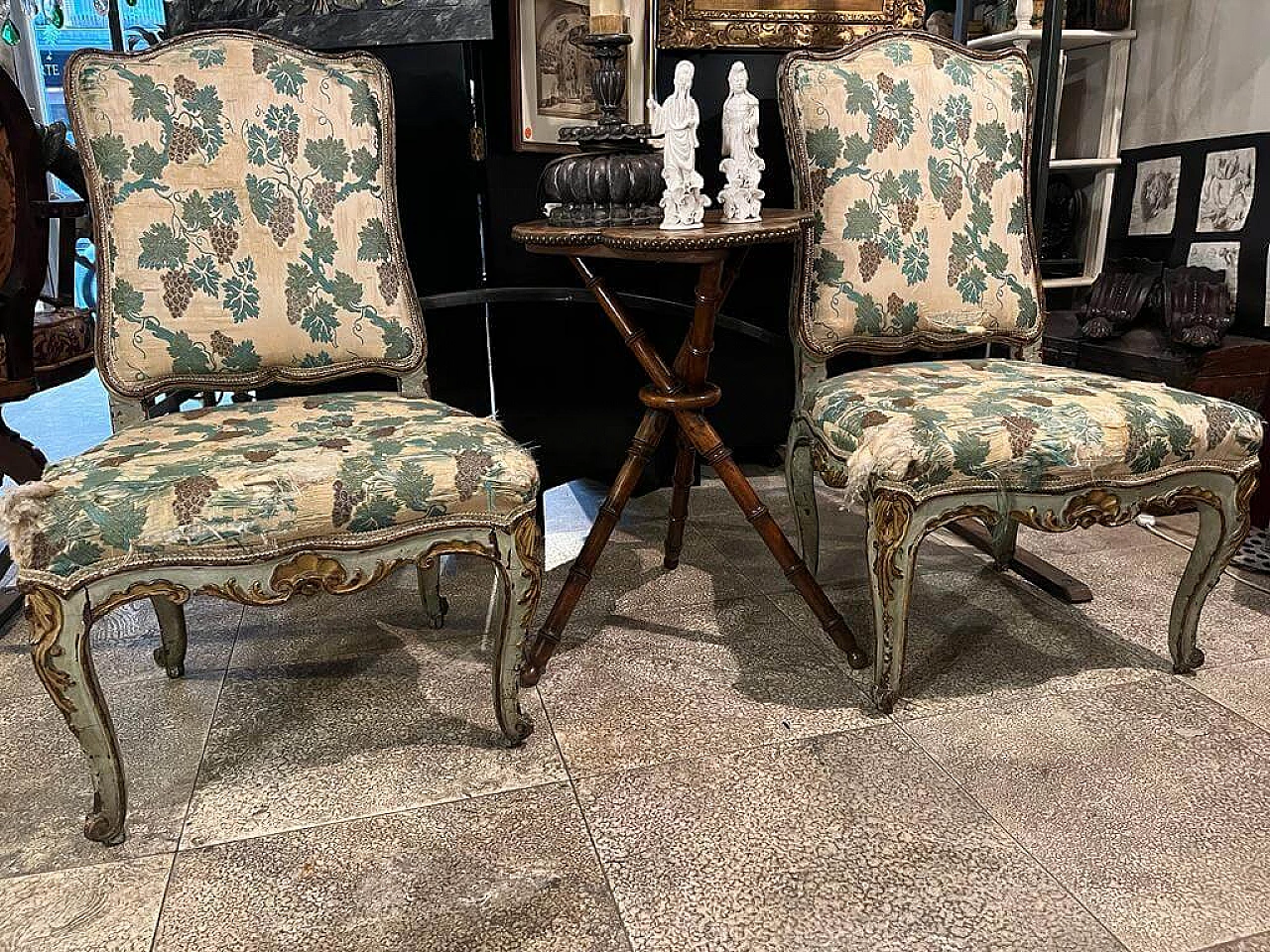 Pair of wood and fabric chairs with vine pattern, 18th century 9