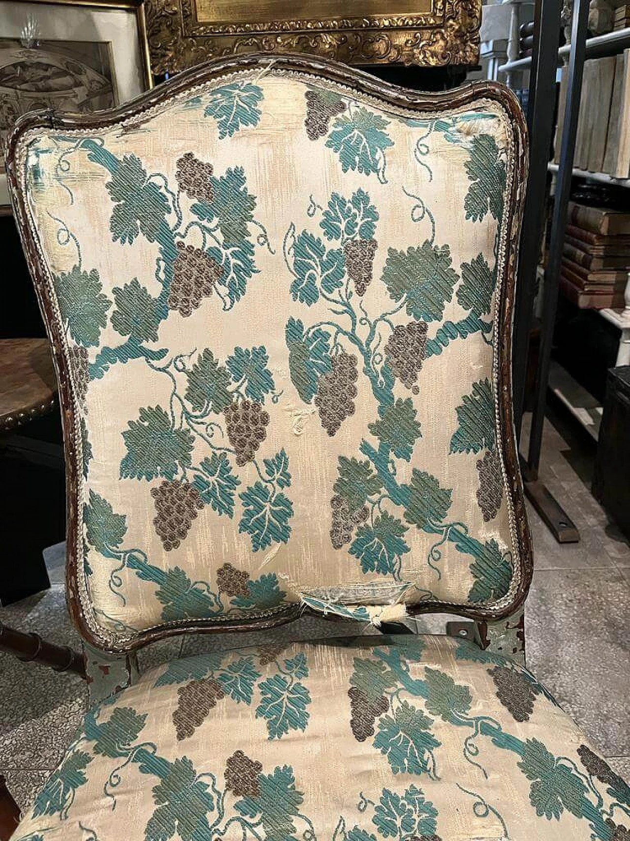 Pair of wood and fabric chairs with vine pattern, 18th century 10