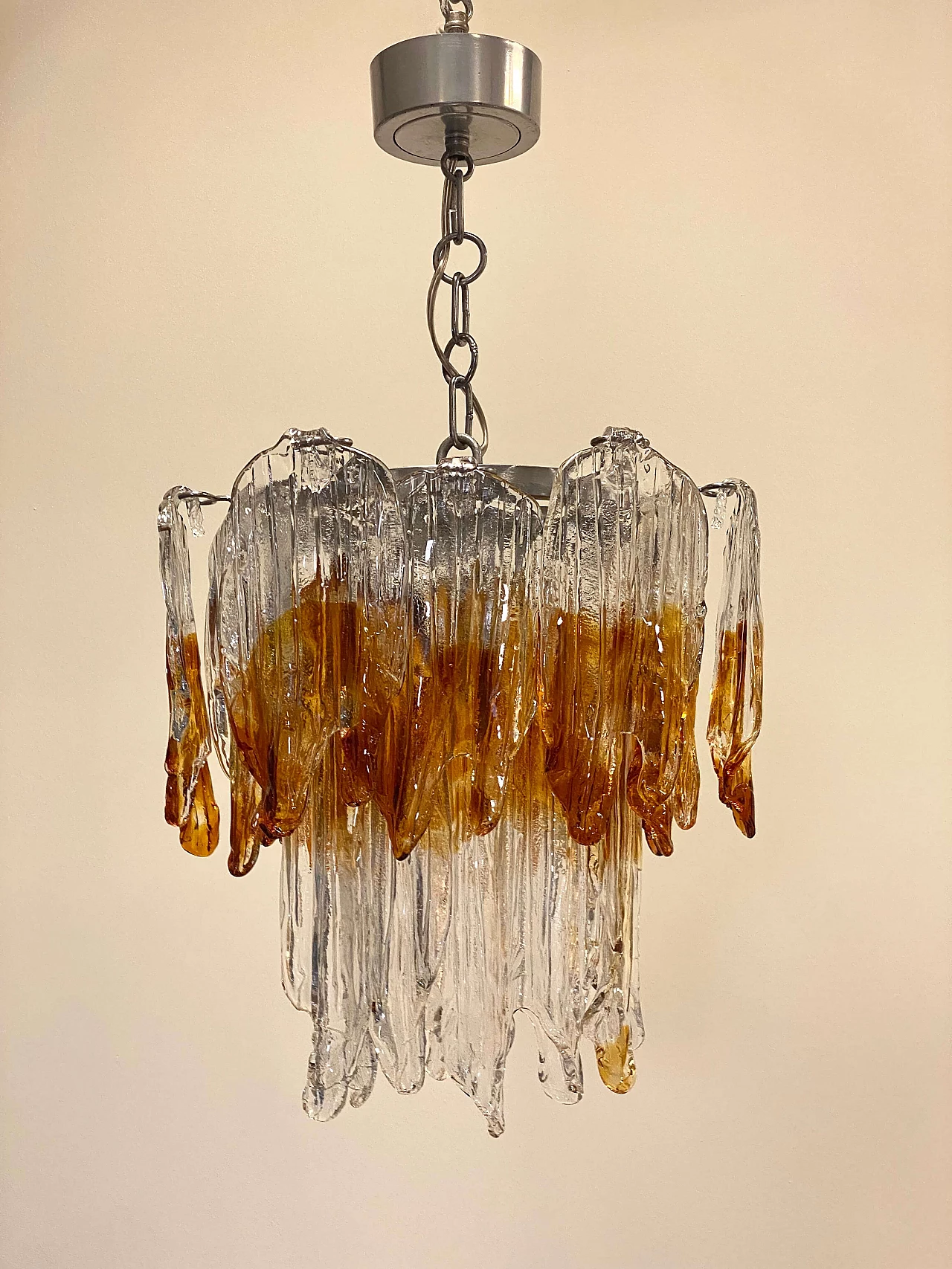 Coppia di lampadari in acciaio cromato e vetro di Murano, anni '70 15