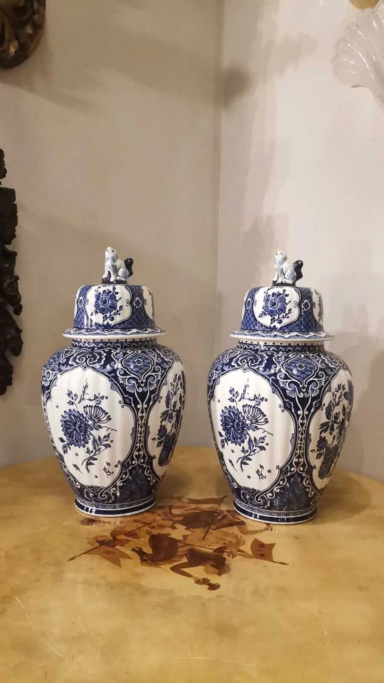 Pair of Delft ceramic lidded vases 1