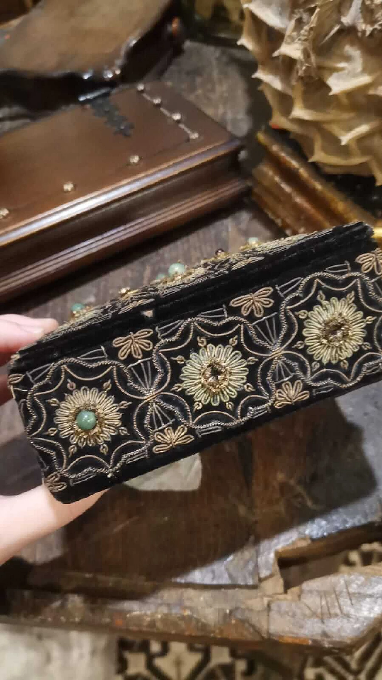 English chenille casket with embroidery and stones, late 19th century 2