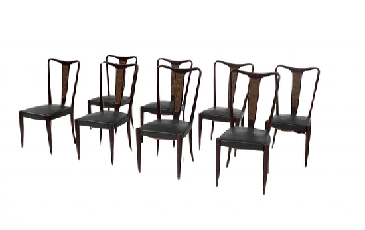 8 Chairs in wood, bronze and green leather, 1950s 1