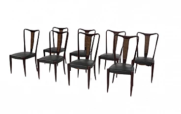8 Chairs in wood, bronze and green leather, 1950s