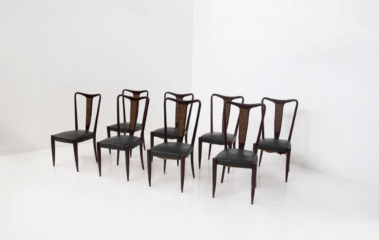 8 Chairs in wood, bronze and green leather, 1950s 2