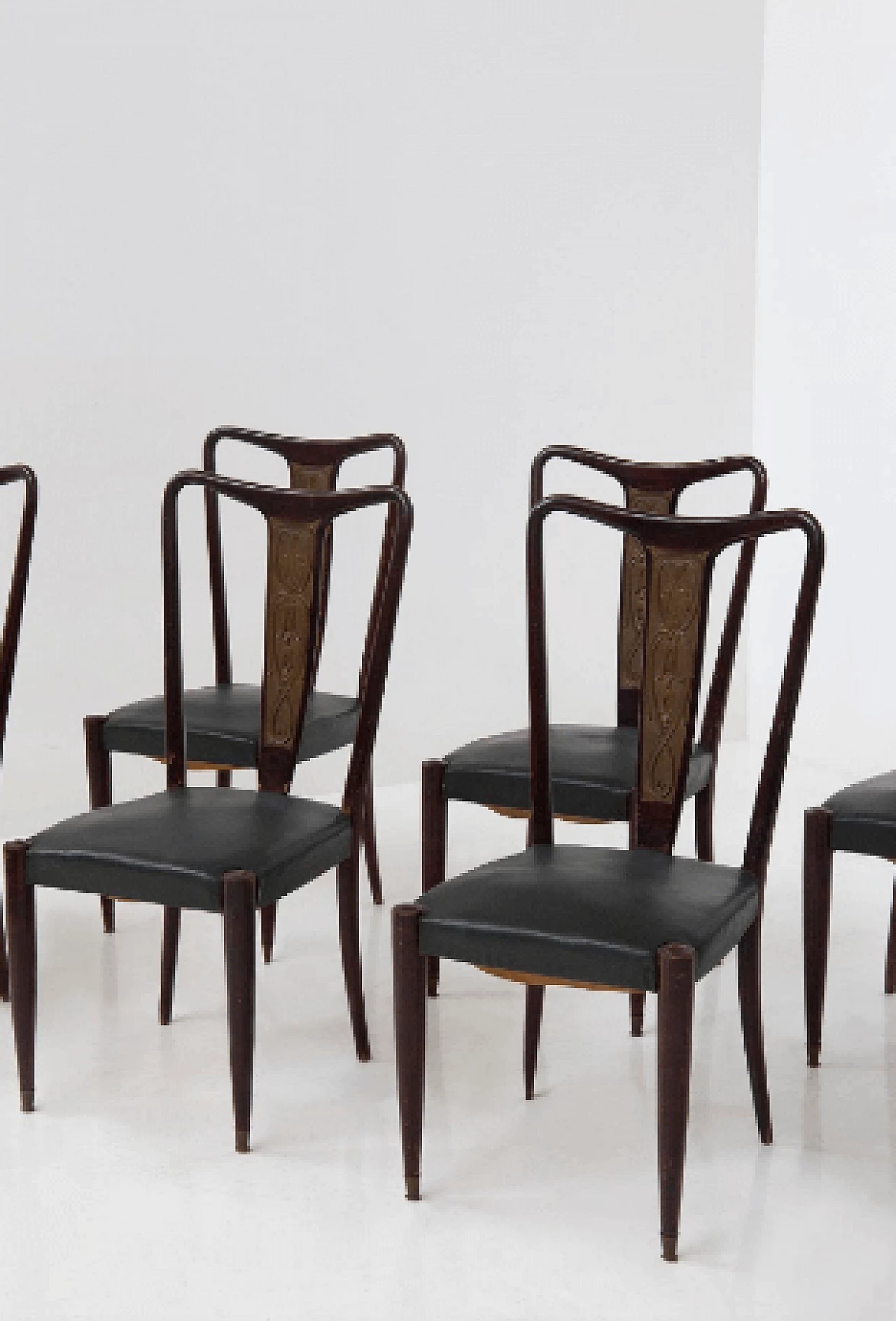8 Chairs in wood, bronze and green leather, 1950s 3