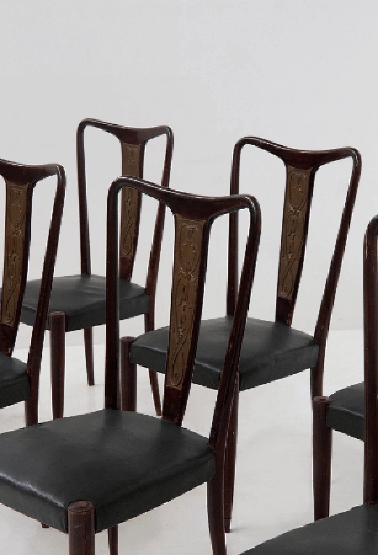 8 Chairs in wood, bronze and green leather, 1950s 4
