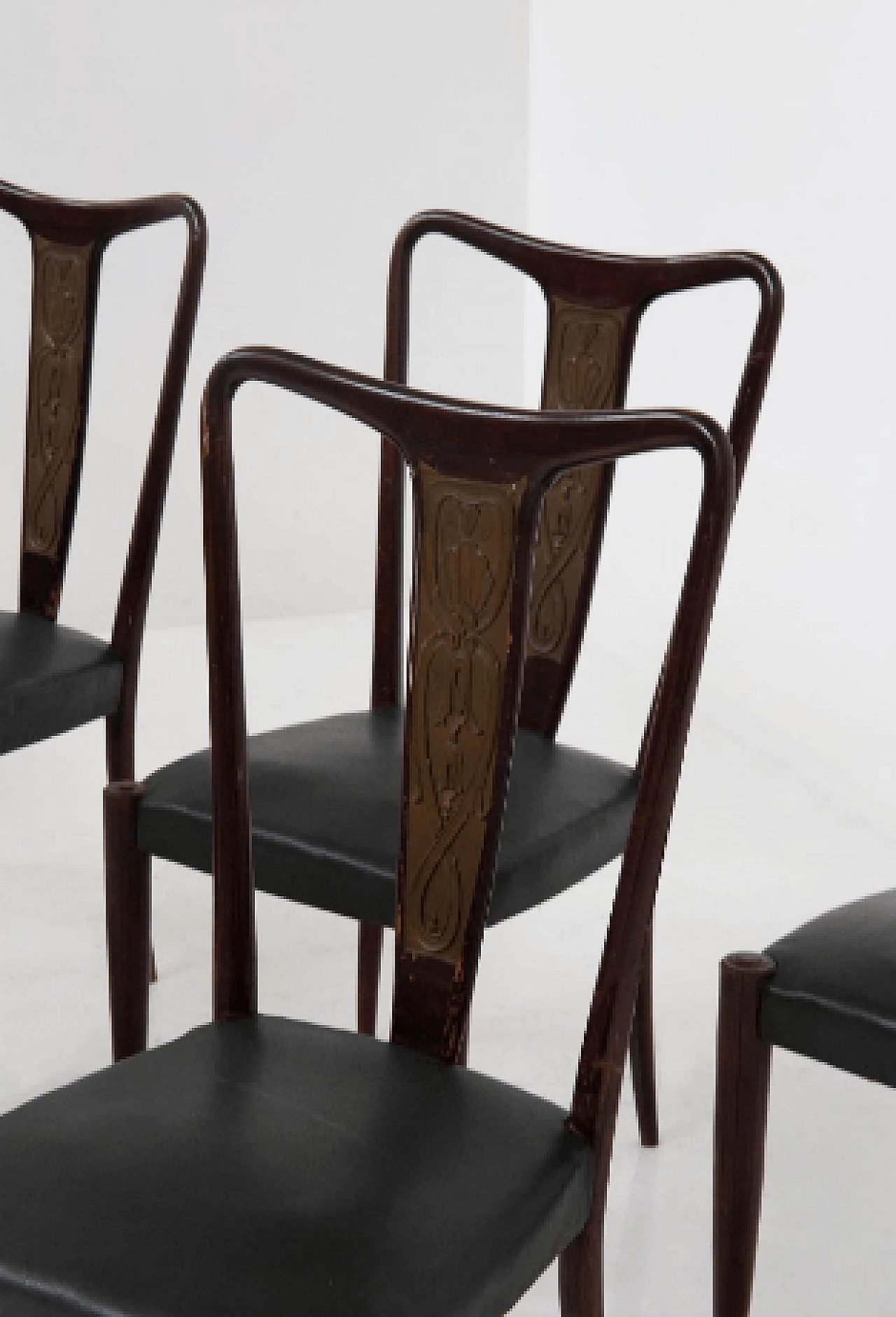 8 Chairs in wood, bronze and green leather, 1950s 5