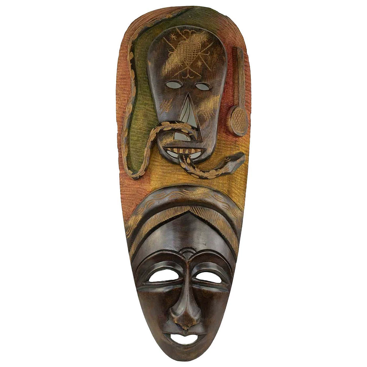 Decorative mask in wood and fabric, 1950s 1