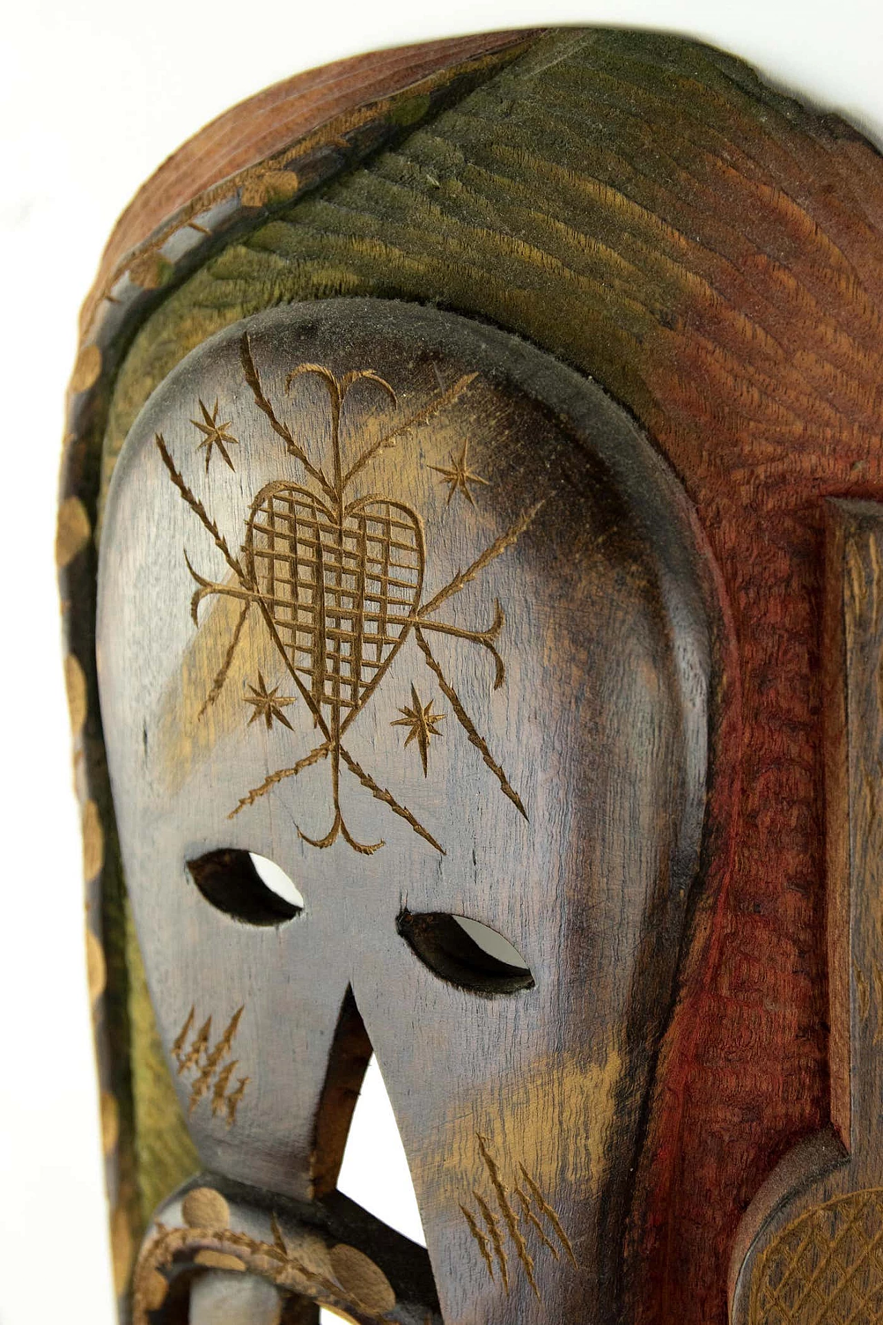 Decorative mask in wood and fabric, 1950s 2