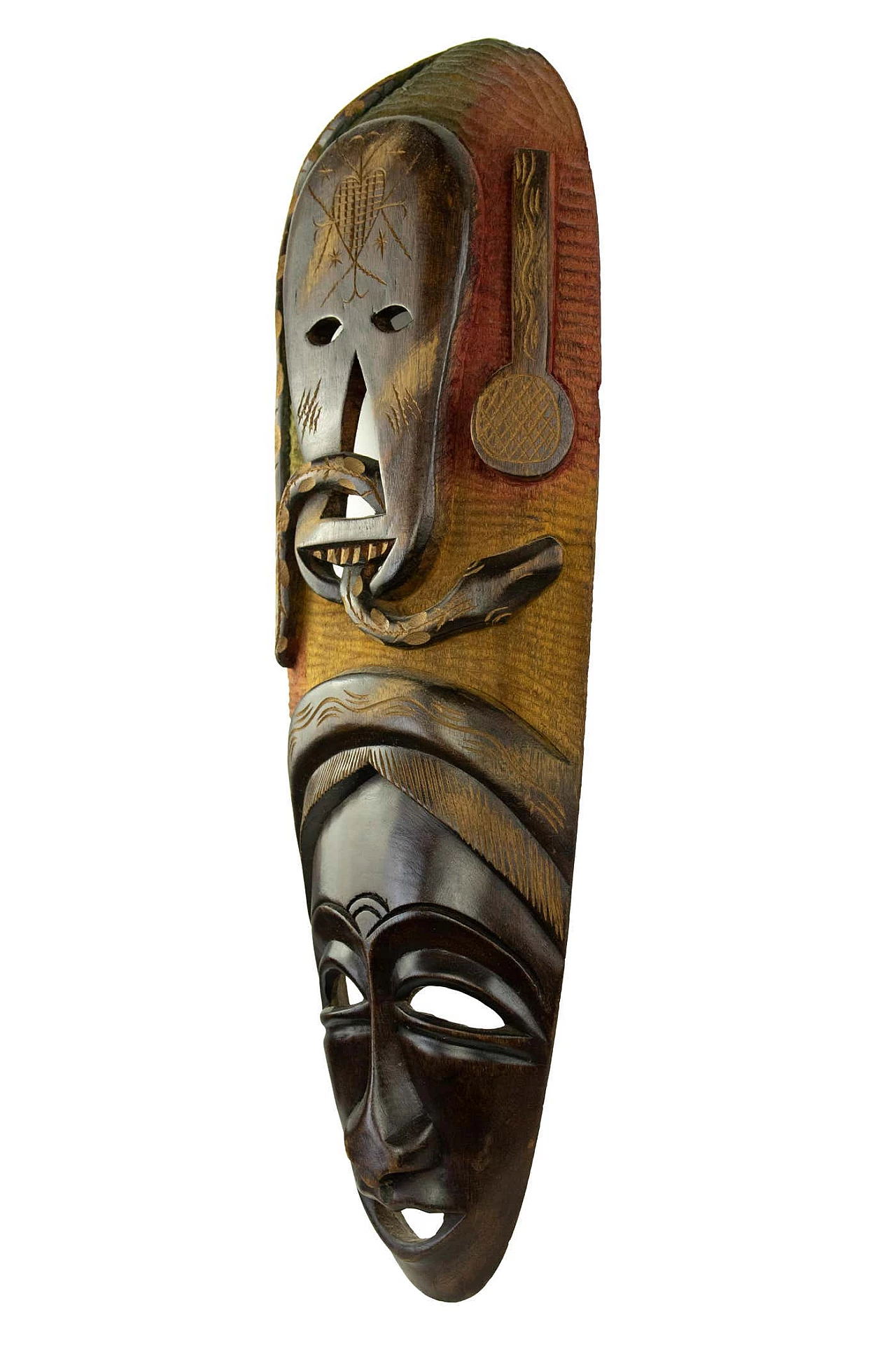 Decorative mask in wood and fabric, 1950s 3