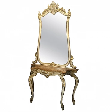 Specchio e consolle stile Barocco siciliano in legno laccato e dorato, inizio '900