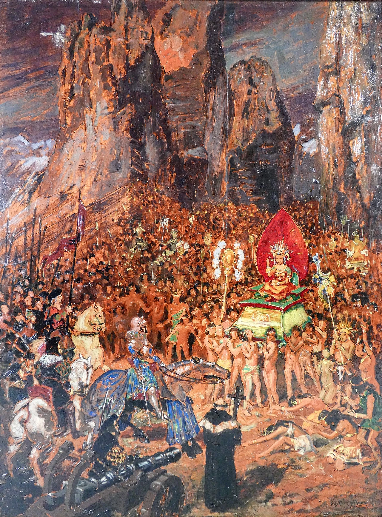 Gustave Alaux, Incontro fra Pizarro e il sovrano Inca Atahualpa, olio su tavola, inizio '900 2