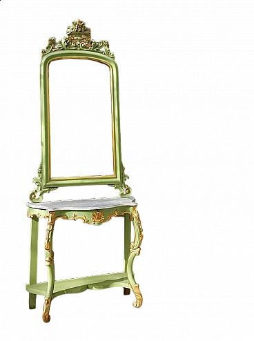 Consolle e specchio Luigi Filippo in legno laccato verde e dorato, '800