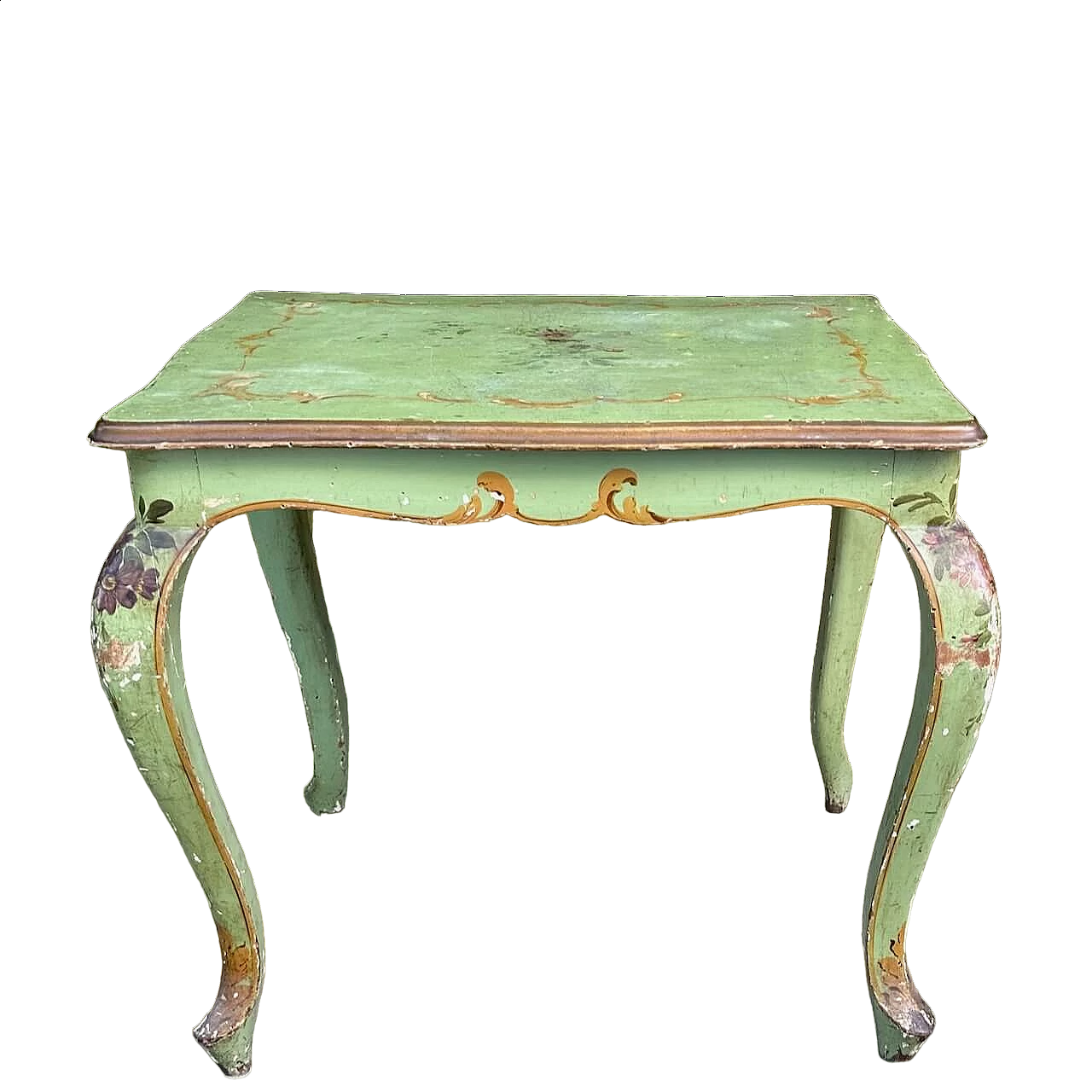 Tavolino in legno verde con decoro floreale 4
