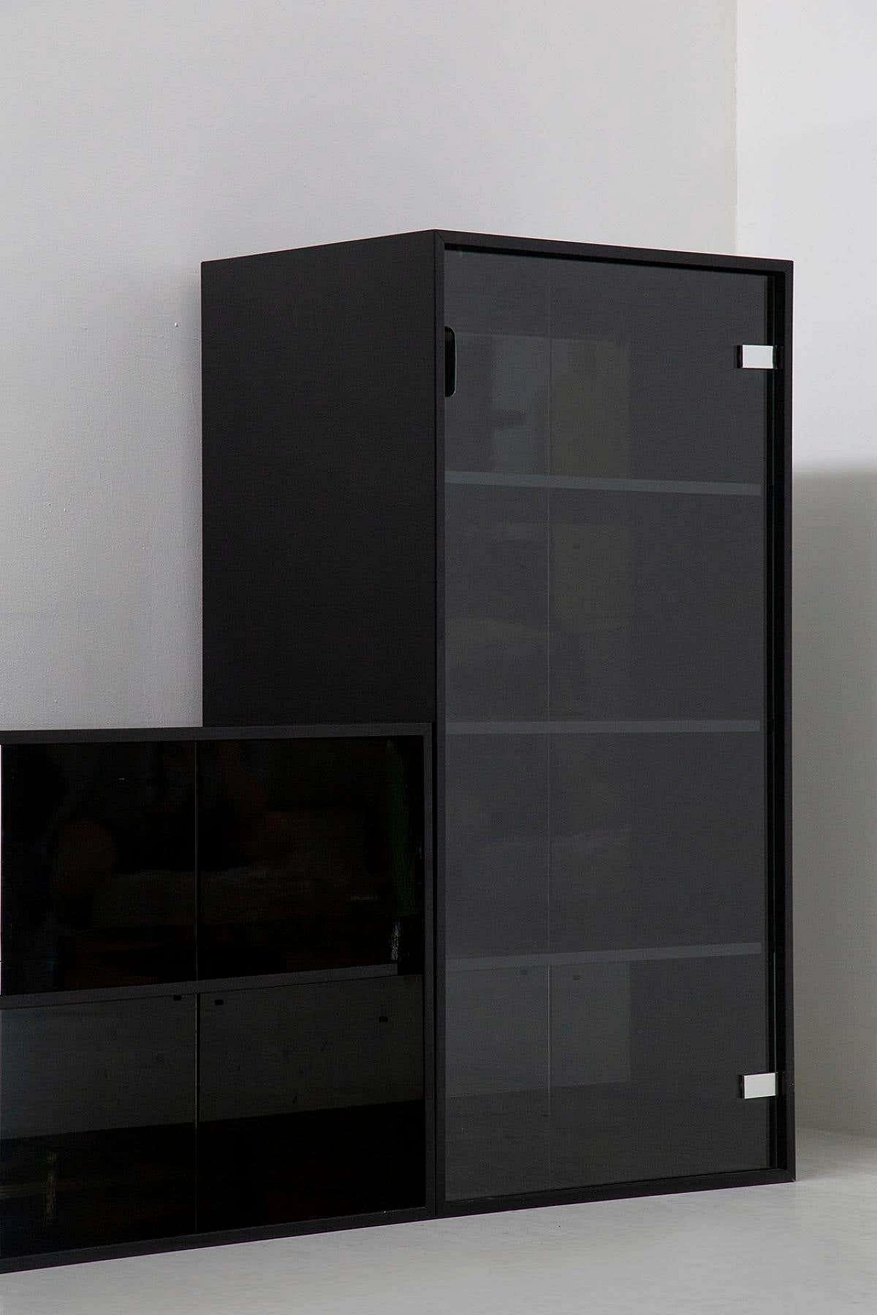 Pair of black lacquered wood bookcases and chest of drawers attributed to Acerbis, 1970s 3