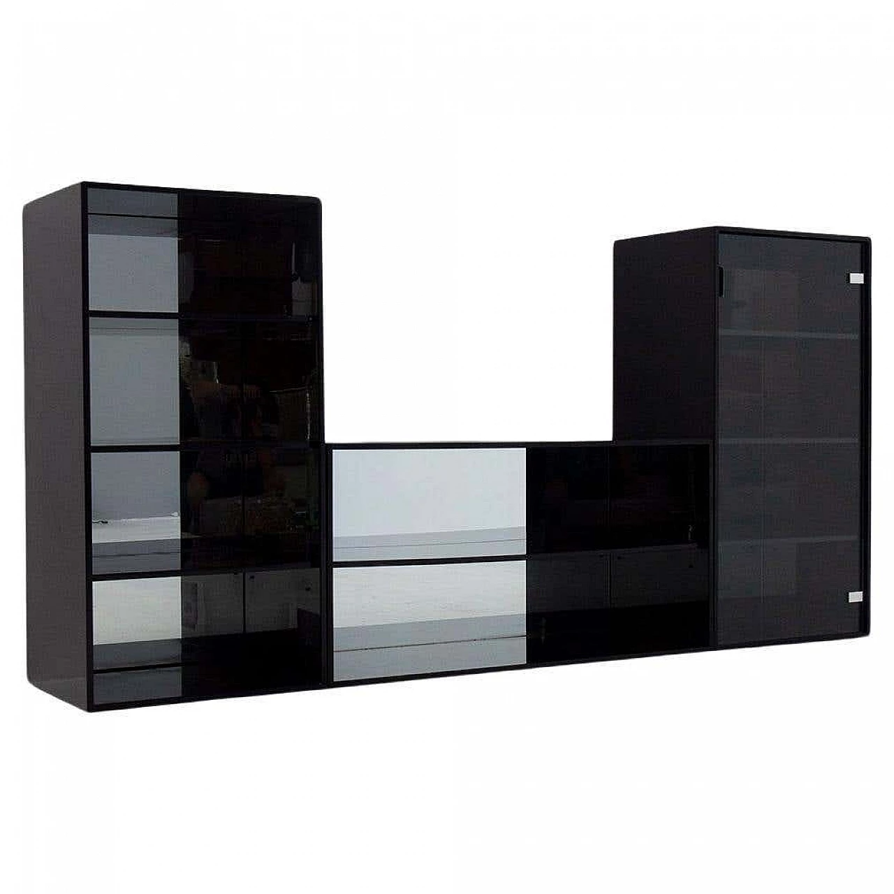 Pair of black lacquered wood bookcases and chest of drawers attributed to Acerbis, 1970s 9