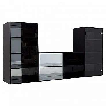 Pair of black lacquered wood bookcases and chest of drawers attributed to Acerbis, 1970s