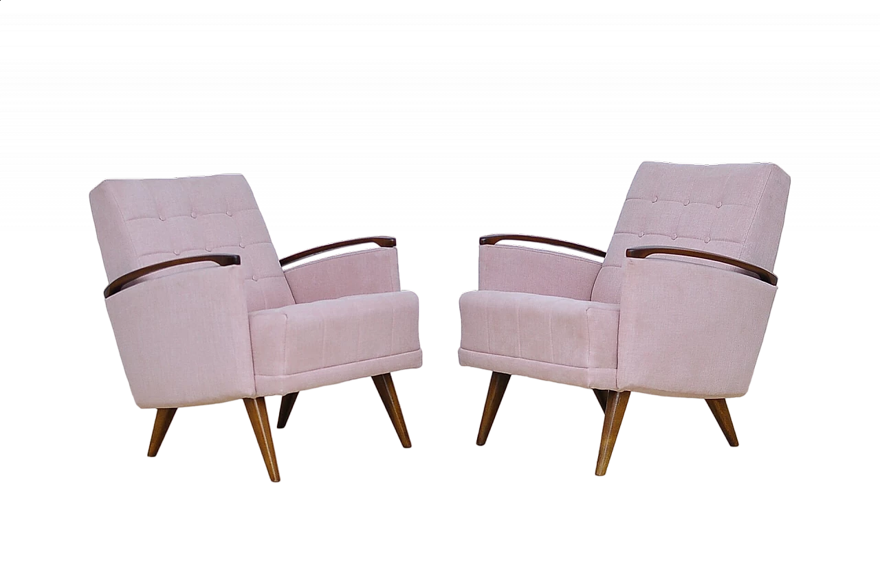 Pair of beech and pink fabric armchairs, 1960s 9